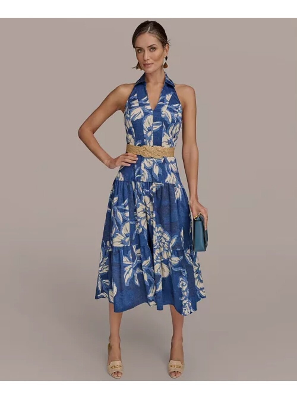 Donna Karan New York Halter Maxi Dress 16 Blue Floral Belted Resort NWT $199 - Picture 1 of 13